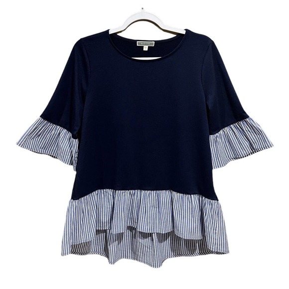 Pleione Tops - Pleione Anthropologie Women’s Top Navy Blue / Striped Bell Sleeves Peplum Size S